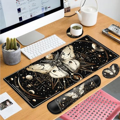 Large Gaming Mouse Pad+ Keyboard Wrist Rest Set, Ergonomics Memory Foam Mouse Mat Wrist Rest Support for Home Office, Waterproof Extended Mousepad 31.5x11.8in, Moth Black Desk Pad - color: Yvb-mousepad-9-f-164
