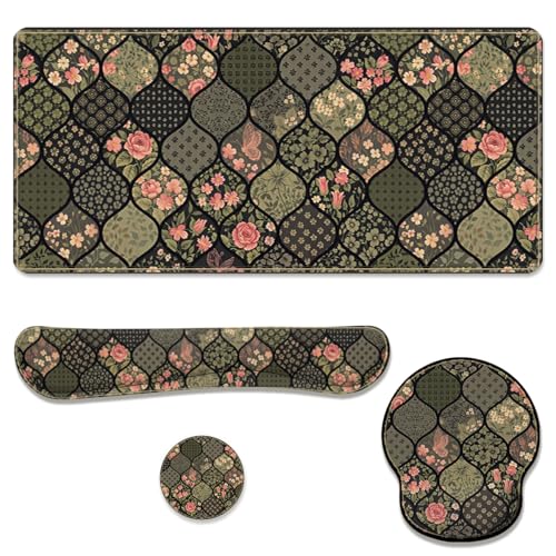 Dark Floral Desk Mat Set Vintage Patchwork Large Mouse Pad with Wrist Rest 4in1 Desk Mat for Desktop Ergonomic Computer Desk Arm Wrist Anti-Slip Computer Ergonomic Mouse Pad Home Office Gaming - color: Dark Floral