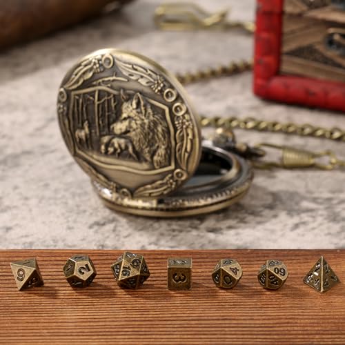 Mini DND Dice Set with Steampunk Wolf Pocket Watch Shell Case, 7pcs Polyhedral Metal D&D Dice, DND Gifts with Gift Box, Role Playing Board Games Accessories - color: Bronze