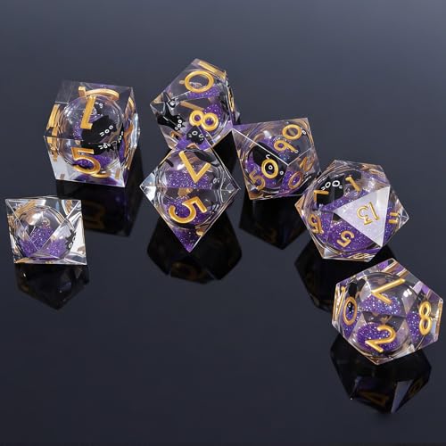 Liquid Core Dice,Cat DND Dice Set with Box,7Pcs Resin Dungeons Dragons D and D Dice, Sharp Edge Role Playing Game Dice D20 D12 D10 D8 D6 D4. (Purple) - color: Purple