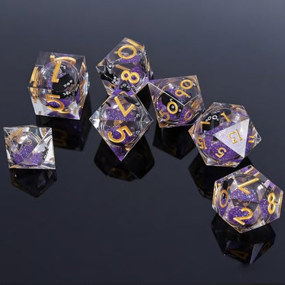 Liquid Core Dice,Cat DND Dice Set with Box,7Pcs Resin Dungeons Dragons D and D Dice, Sharp Edge Role Playing Game Dice D20 D12 D10 D8 D6 D4. (Purple) - color: Purple