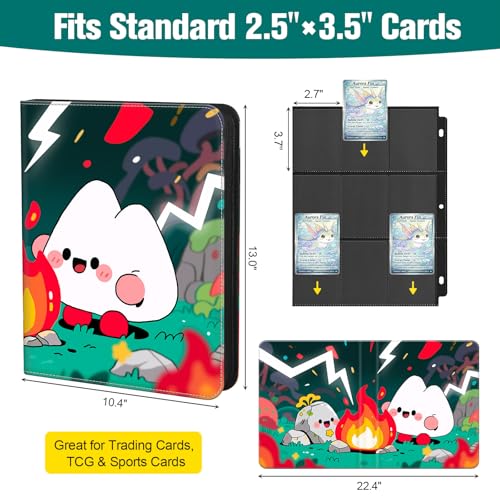 Trading Card Binder, 900 Pockets, 50 Sheets 9-Pocket, Refillable 3-Ring, Fits 2.5" x 3.5" Cards, Acid-Free PVC-Free Pages, Zip PU Cover with Strap, for TCG & Sports Cards – Campfire Design - color: Campfire Buddies