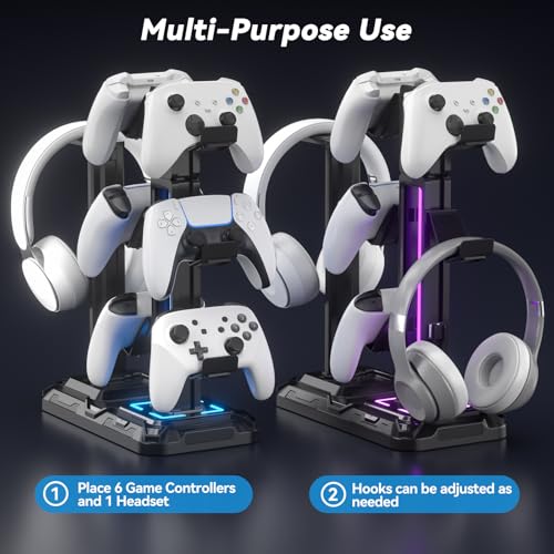 KDD RGB Multi-Controller Holder with 9 Light Modes - Rotatable Universal Headphone Hanger - Controller Stand with 6 Detachable Hooks for Desktop Gamer Accessories