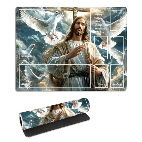 for MTG Playmat with Zones Storage Bag,for TCG Playmat and Playing Card Mat for Magic Board Games, Dove Cross Non Slip Stitched Edges Game Mat, Rollable Foldable Card Play mats - color: Dove Cross, size: With Zone 17.32''x13.78''