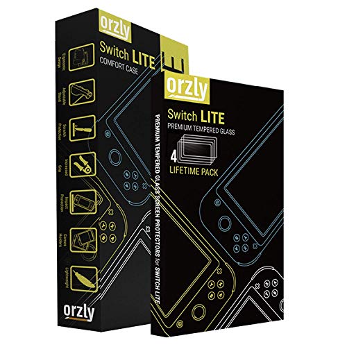 Orzly Green Comfort Grip Case, Thumb Grips, & 4 Pack of Glass Screen Protectors for Switch Lite - Bundle