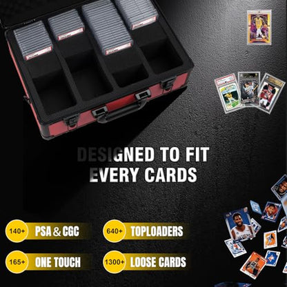 Graded Card Storage Box – Aluminum Alloy Trading Cards Case Holds 140+ Graded Cards, Sports Card Storage Box with Lock, Fits PSA, CSG, BGS (Large Red) - color: 4 Row-Red