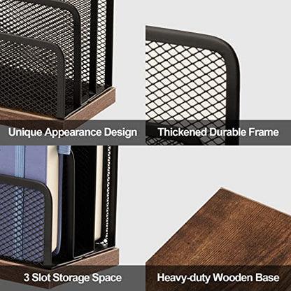 Wooden Desk Mail Organizer, Desktop File Organizer Metal Mesh with 3 Vertical Upright Compartments, Mail Sorter Letter Organizer Rack for Letters, Postcards, Brochures, Mail Holder (2 Pack Black)
