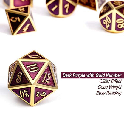 D&D Table Game Dice Set, 7PCS Metal Die with Metal Gift Box for Dungeons and Dragons (Dark Purple and Gold Number) - color: Dark Purple With Gold