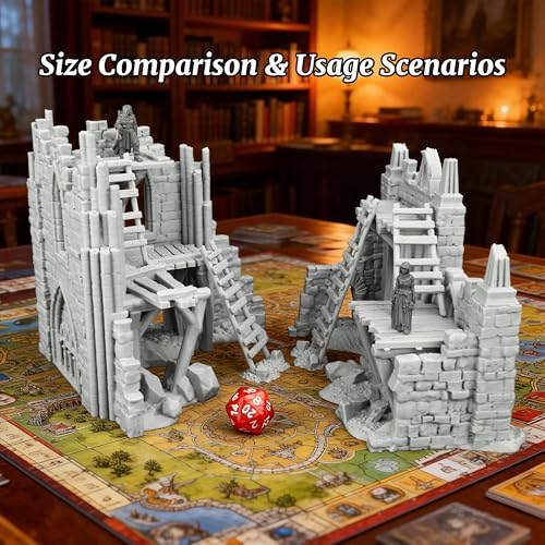 AUSPDICE Fantasy Gothic Ruined Building Set, 25mm Modular RPG Terrain | 1:64 Unpainted Ruined Walls & Scaffolding, DND Terrain for Dungeons and Dragons, TTRPG Battle Maps, Dungeon Masters-AF1119
