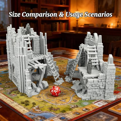 AUSPDICE Fantasy Gothic Ruined Building Set, 25mm Modular RPG Terrain | 1:64 Unpainted Ruined Walls & Scaffolding, DND Terrain for Dungeons and Dragons, TTRPG Battle Maps, Dungeon Masters-AF1119
