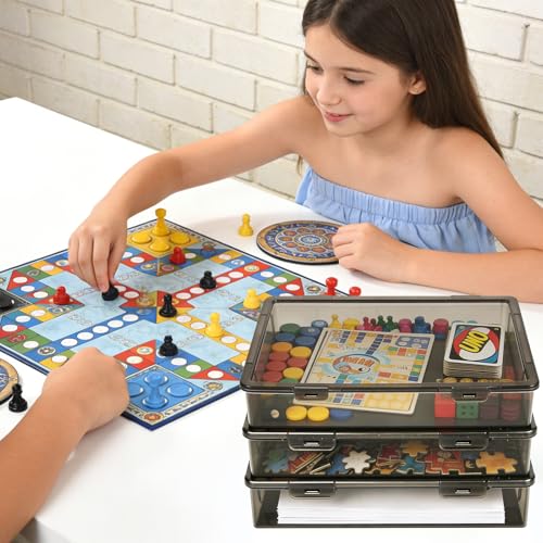 Board Game Storage, 3 Pack Stackable Board Game Storage Box with Snap Tight Latch Lid, Plastic Case Bin for Games Puzzle Magazine A4 Paper Craft Hobby (Black) - color: Translucent Black
