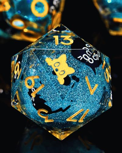 Froggod 싱글 리퀴드 코어 캣 D20 주사위 - DND, RPG, 테이블 탑 게임용 22mm 샤프 엣지 롤 플레잉 주사위 - 20면 레진 D&D 주사위, 캐서드 각인(캣 헤드 블루) - color: 캣 헤드 블루