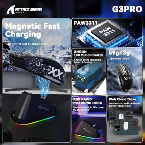 MAMBASNAKE ATTACK SHARK G3PRO Wireless Gaming Mouse with RGB Magnetic Charging Dock, Tri-Mode-2.4G/USB-C Wired/BT,25K DPI,PAW3311 Optical Sensor,59g Ultra Lightweight,Slip Grip Tape for PC/Mac(Black) - color: Black & Griptape