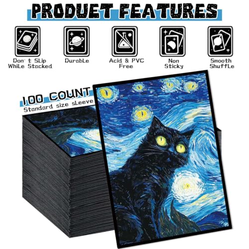 100 Count Card Sleeves Compatible with MTG, Ultra Clear Front & Matte Finish Back, Standard Size TCG Art Sleeves for Trading Cards (Starry Night Black Cat) - color: Starry Night Black Cat