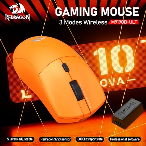 Redragon M919 Pro Wireless Esports Gaming Mouse, 54g Lightweight, Orange | 8000 Hz Polling Rate, 45K DPI, 6 Programmable Buttons, 85 Hr Battery, BT5.1/2.4GHz/USB-C Wired Gamer Mouse for PC/Mac/Win