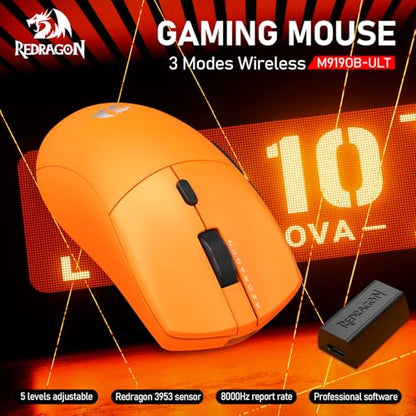 Redragon M919 Pro Wireless Esports Gaming Mouse, 54g Lightweight, Orange | 8000 Hz Polling Rate, 45K DPI, 6 Programmable Buttons, 85 Hr Battery, BT5.1/2.4GHz/USB-C Wired Gamer Mouse for PC/Mac/Win