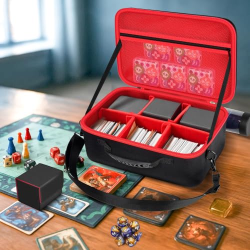 casmilee Deck Box Carrying Case for MTG/TCG Cards with Playmat Straps | 6 Adjustable Dividers, Mesh Pocket, Shoulder Strap, Holds Deck Boxes, Dice and Playmat, Case Only - color: Red