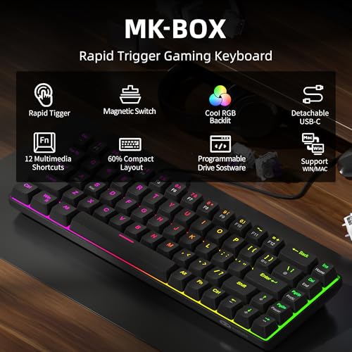 MageGee 60% Rapid Trigger Gaming Keyboard, Hall Effect Magnetic Switch, Actuation Point Adjustable, Hot Swappable RGB Backlit Wired Keyboard with Arrow Keys for Win/PC/MAC, Black - color: Black