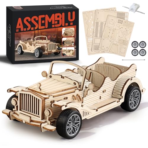 3D Wooden Puzzles for Adults, Pull Back Vintage Car Building Kits | 65pcs Wood Model Car Kit for Adults to Build, Desk Decor, Brain Teaser, Birthday Christmas Gift for Men, Teens and Retirees