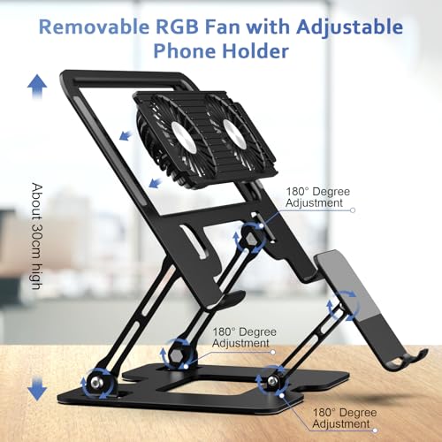 Laptop Cooling Stand with Detachable Fan,2-IN-1 Laptop Stand with Phone Holder and Silent Fans,Adjustable Height and Angle,Carbon Steel Framework,Laptop Cooling Pad for up to 16”Laptop (Black)