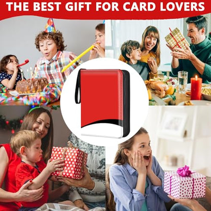 4 Pocket Trading Card Binder, Holds 400 Cards, PU Zipper Binder | PU leather cover, holds 400 cards, 50 removable pages, zipper closure, portable storage and protection. - color: Red, black and white