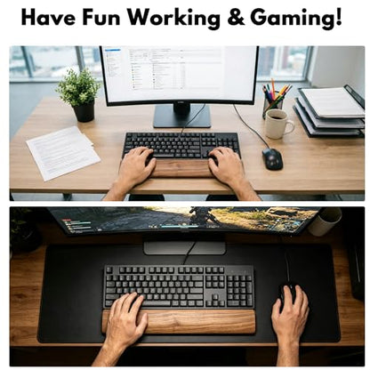 Walnut Wooden Wrist Rest Pad for 75% 80% TKL Keyboard, Ergonomic Solid Wood Hand Rest with Non-Slip Base, Stain Resistant Palm Support for Typing & Gaming (14.2“ L) - size: 75%-80% Tenkeyless Keyboard