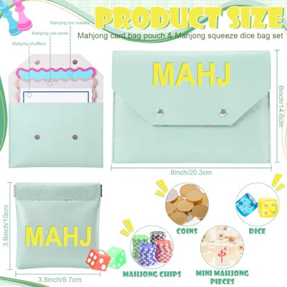 2 Pcs Leather Mahjong Card Bag Clutch Pouch Holder with PU Squeeze Dice Bag Mahjong Accessories Protector Cover Case for MAHJ Lover Playing Game Night(Light Green) - color: Light Green