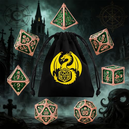 Metal Dice Set, Octopus Pattern, 7pcs Polyhedral Metal DND Dice Set, DND Starter Set, D&D Gifts with Gift Bag, Role Playing Board Games Accessories, Red Copper Border Green - color: Green With Gift Bag