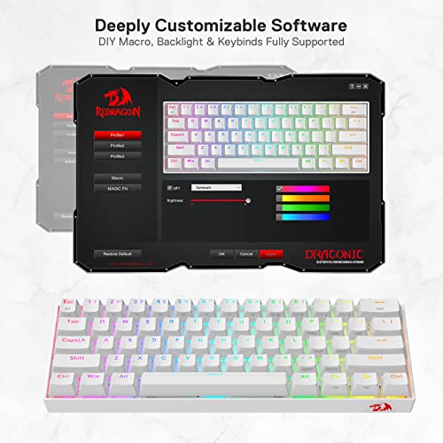 Redragon K530 Pro Draconic 60% Wireless RGB Mechanical Keyboard, BT/2.4Ghz/Wired 3-Mode 61 Keys Compact Gaming Keyboard w/Hot-Swap Socket, Free-Mod Plate Mounted PCB & Tactile Brown Switch - color: White, size: Brown Switch
