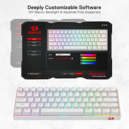 Redragon K530 Pro Draconic 60% Wireless RGB Mechanical Keyboard, BT/2.4Ghz/Wired 3-Mode 61 Keys Compact Gaming Keyboard w/Hot-Swap Socket, Free-Mod Plate Mounted PCB & Tactile Brown Switch - color: White, size: Brown Switch