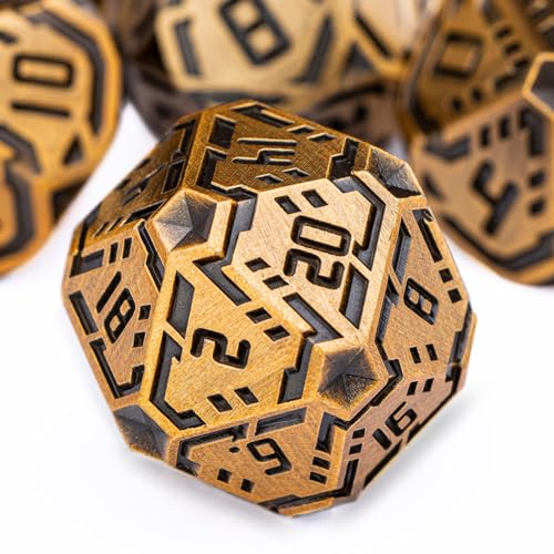 Metal DND Sci-fi Dice Set 7PCS Stripe Polyhedral Dice for Dungeons Dragons RPG Role Playing Game, Glitter D and D Dice with Gift Box D6 D8 D10 D12 D20 (Antique Gold) - color: Antique Gold