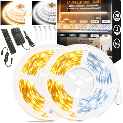 2Set 20 Ft LED Strip Lights, 24V Dual White & Warm White LED Strip Light Kit, Tunable 3000K-6000K with Dimming & Color Temperature Adjustment for Bedroom, Mirror, Home Lighting - color: White & Warm White, size: 2 Set 20 FT