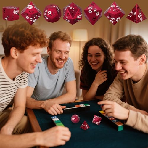 Metal Dice Set, Flat Face Red Plum Blossom Pattern, 7pcs Polyhedral Metal DND Dice Set, DND Starter Set, D&D Gifts with Gift Box, Role Playing Board Games Accessories, Red - color: Red With Gift Box