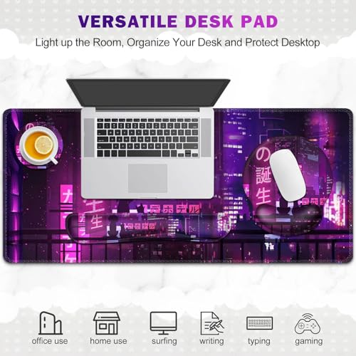 Gaming Mouse Pad, Large Desk Mat, Cute Desk Pad, 4in1 XXL Mousepad + Keyboard Wrist Rest+Mouse Wrist Rest+Coaster Set with Ergonomic Desk Pad for Home Office Table Computer, Purple Anime Neon - color: Purple Anime Neon