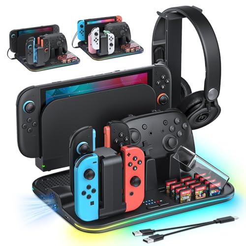 [Switch 2/1 Compatible] FASTSNAIL Charging Dock & Orgainzer Station & Cooling Fan for Nintendo Switch 2/1/OLED, Storage Stand for JoyCon 2/1 with 12 Card Slots, Controller/Headset Holder, 9 RGB Modes