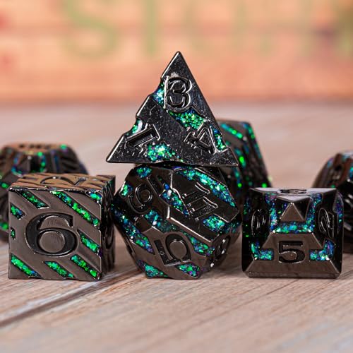 Metal Dice Set with Inlay Design, Heavy Zinc Alloy DND Dice for RPG & Tabletop Gaming - color: Black Nickel Dark Green