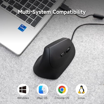 SANWA Wired Ergonomic Vertical Mouse, Silent Click & Remap with Software | 3 Programmable Buttons, Optical USB Mouse, 1000/1600 DPI, Wrist Relief, 55° Natural Comfort, Compatible Win/Mac/Laptop/PC