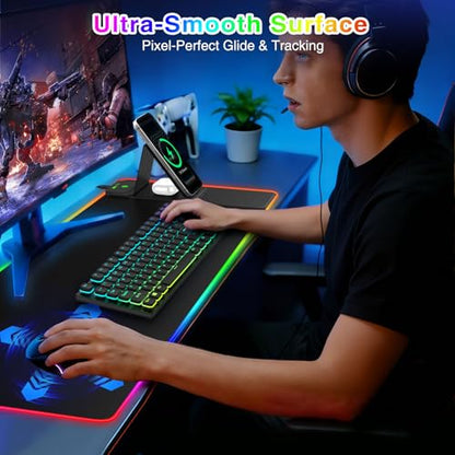 XL RGB Gaming Mousepad, 25 Lighting Effects, 15W Fast Charging, Phone Stand | 31.5"x11.8" Extended Keyboard Mat Pad with Stitched Edges, Ultra-Smooth Waterproof Surface, Non-Slip Base - color: RGB-Magnetic Stand-31.5"x11.8"-Right