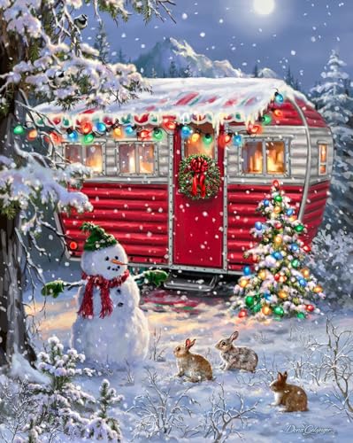 Springbok's Snowy Retreat 1000 Piece Jigsaw Puzzle is a Fun Holiday Image Featuring a Camper Glowing in Holiday Decor - style: Snowy Retreat