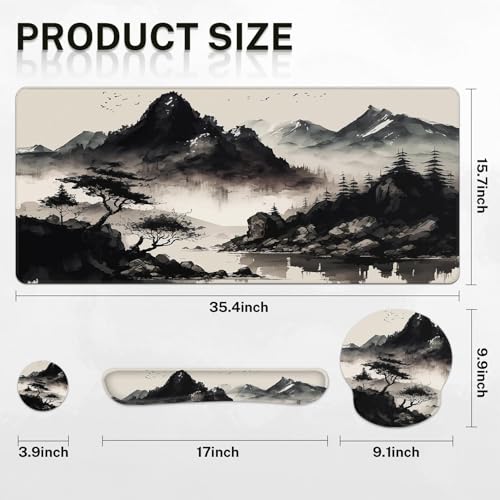 Britimes Black Ink Landscape Keyboard Mouse Pad Set 4in1 Large Mousepad+Keyboard Wrist Rest+Mouse Wrist Rest+Coaster Set with Ergonomic Design for Home Office Computer 35.4x15.7 inches - color: Black Ink Landscape