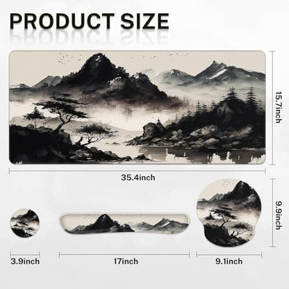 Britimes Black Ink Landscape Keyboard Mouse Pad Set 4in1 Large Mousepad+Keyboard Wrist Rest+Mouse Wrist Rest+Coaster Set with Ergonomic Design for Home Office Computer 35.4x15.7 inches - color: Black Ink Landscape
