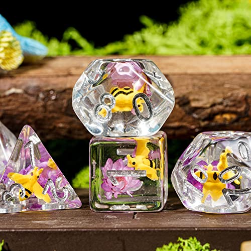 Cusdie 7-Die DND Dice, Polyhedral Dice Set Filled with Animal, for Role Playing Game D&D Dice (Bee Purple Flower) - color: Bee Purple Flower