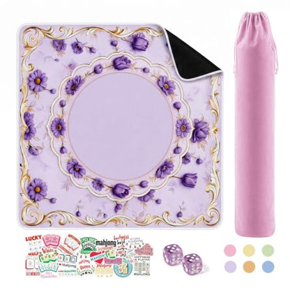 Purple Mahjong Mat for Table & 50PCS Stickers| Carrying Bag, Heavy Floral Mahjong Mats&2 Dices, Noise Reduction Non Slip Foldable, 31.5x31.5 Game Table Cover, for Playing Card, Board Tile Games - color: Purple