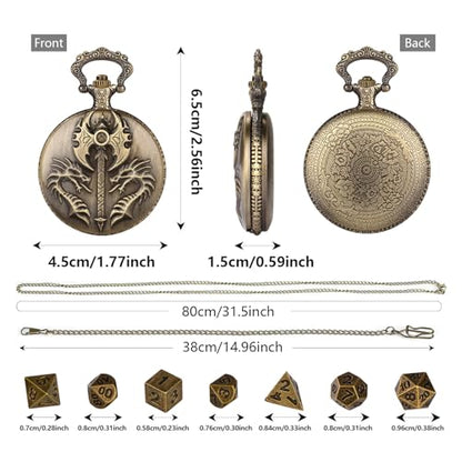 Mini DND Dice Set with Double Headed Dragon(Top Double-Sided Axe) Pocket Watch Case, 7-PCS Polyhedral Metal D&D Dice, DND Gifts with Gift Box, Role Playing Game Board Game Accessories Dice, Bronze - color: Bronze