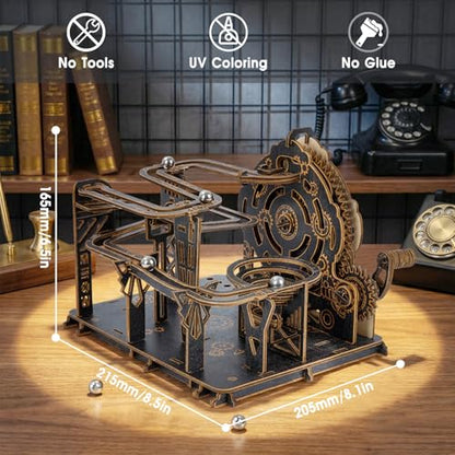 3D Wooden Puzzles for Adults, Mechanical Marble Run Model Kits to Build, DIY Wooden Puzzle with 6 Steel Marbles, Unique Birthday Gifts for Women Men - color: Darkwood Golden Wheel