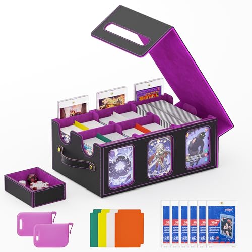 MTG Card Storage Box-Massive 3600+Leather Magnetic Deck Box w/Commander Display | Includes: 6 Toploaders, 4 Dividers, 2 Stoppers, 1 Dice Tray | for TCG & Sports Cards (Black Purple)