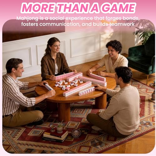 166pcs American Mahjong Tile Set with Pink Back Tiles for Family Night, 1.2-inch Mahjong Game Set with 3 Dice for Gathering, Party, Camping(Tiles Only)