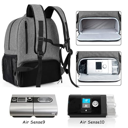 CURMIO CPAP Backpack Compatible with ResMed AirSense 9 10 11, Gray | CPAP Supplies Storage Bag with Chest Belt for Power Supply, Mask, Headgear strap, Tubes, Empty Bag - color: Gray