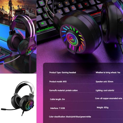 Gaming Headset,7.1 Surround Sound Wired Gaming Headset with Noise Cancelling Mic, Ultra Stable Headphones with 50mm Drivers Memory Foam, RGB Light, Black - color: Black