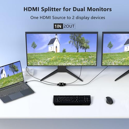 HDMI Splitter 1 in 2 Out, 4K HDMI Splitter for Dual Monitors- Copy 1 Source to 2 Displays at The Same Time (Need Power 5V 1A), Monitor Split for 2 Monitors, Compatible for Projector/TV/Monitor.